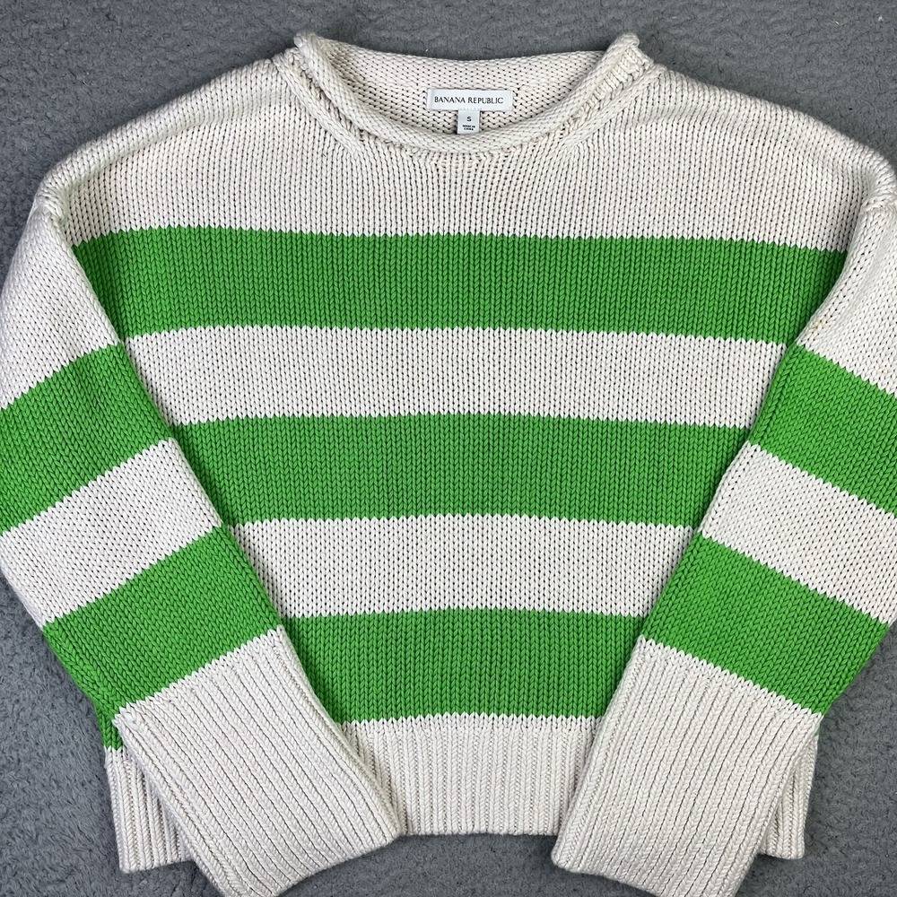 BANANA REPUBLIC COTTON ROLL NECK Green Stripe SWEATER WOMEN'S Small